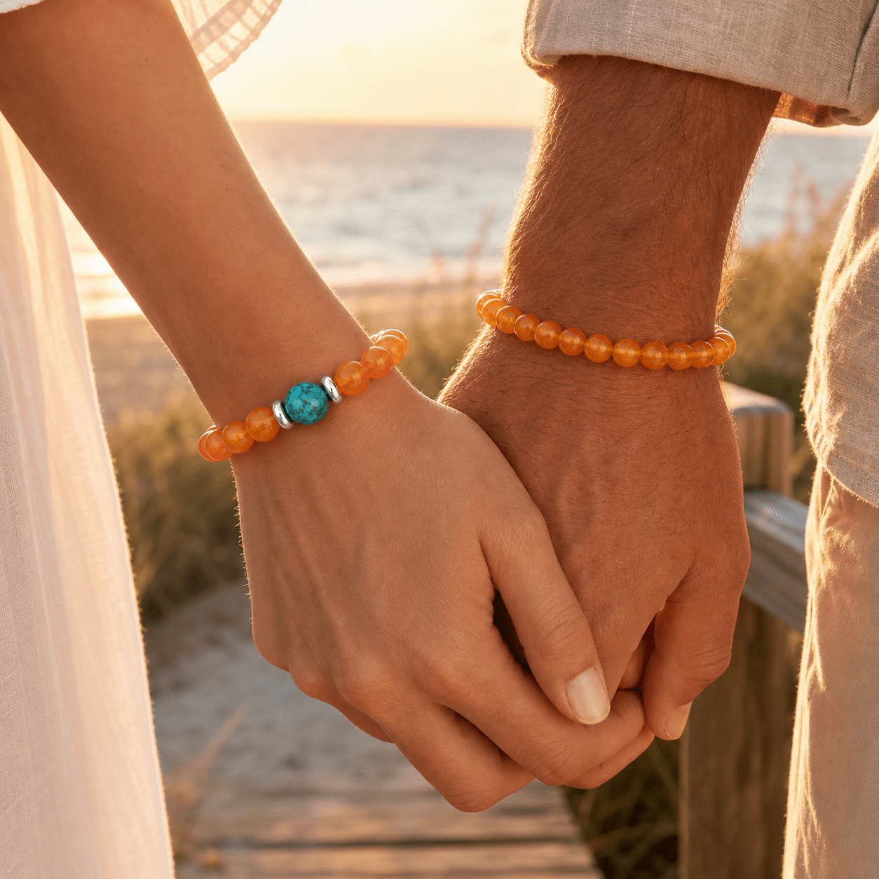 2pcs Orange Bead Elastic Bracelets, Stackable Bohemian Style